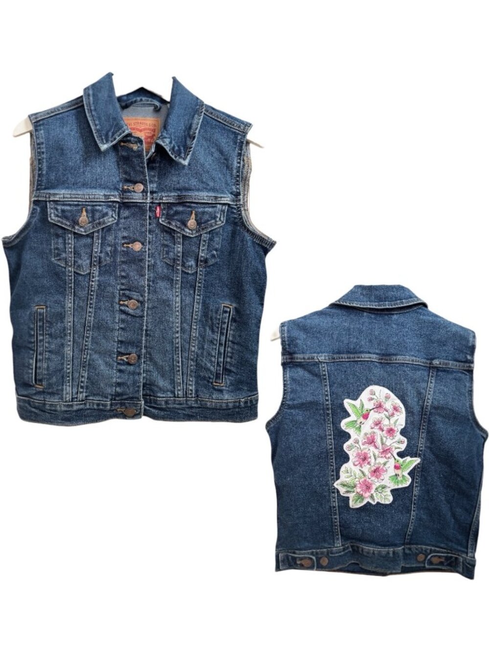 Levis Denim Vest Upcycled Trucker Jacket Sleeveless Floral Bird Patch Medium
